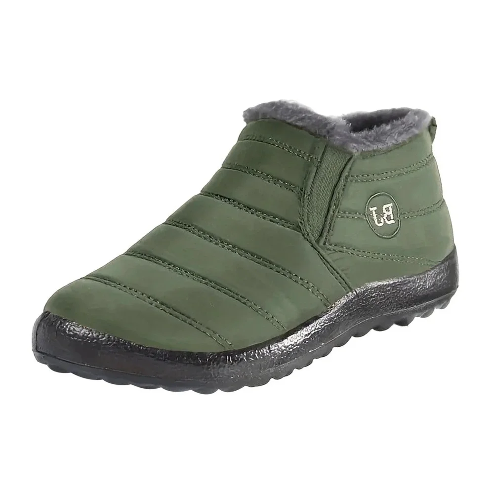Olive Green Quilted Puffer Ankle Boots Faux Fur Lined Slip On Winter Shoes